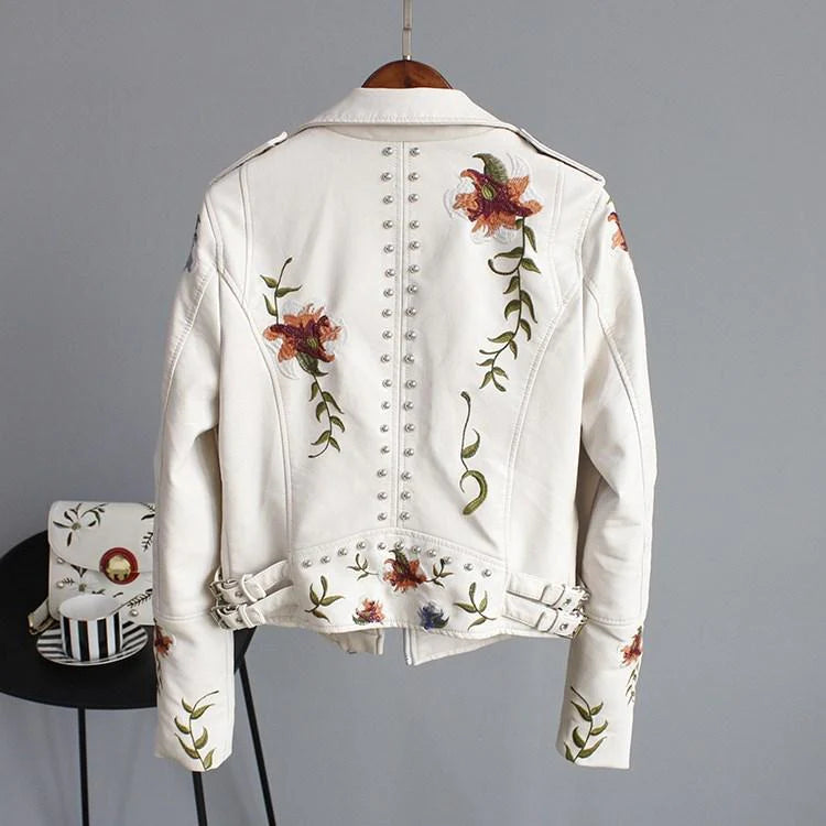 Chaqueta Mujer de Polipiel Bordado Floral Ajuste Regular