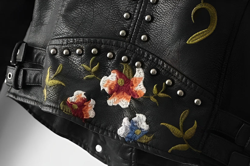 Chaqueta Mujer de Polipiel Bordado Floral Ajuste Regular