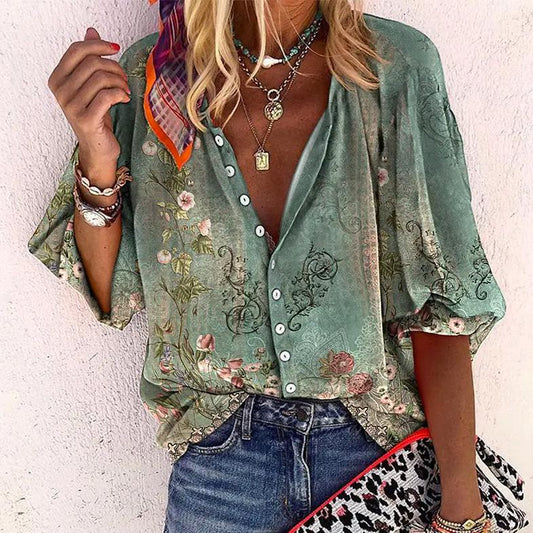 Blusa Mujer Bohemia Estampado Floral Manga Corta Suelta - Mavetta
