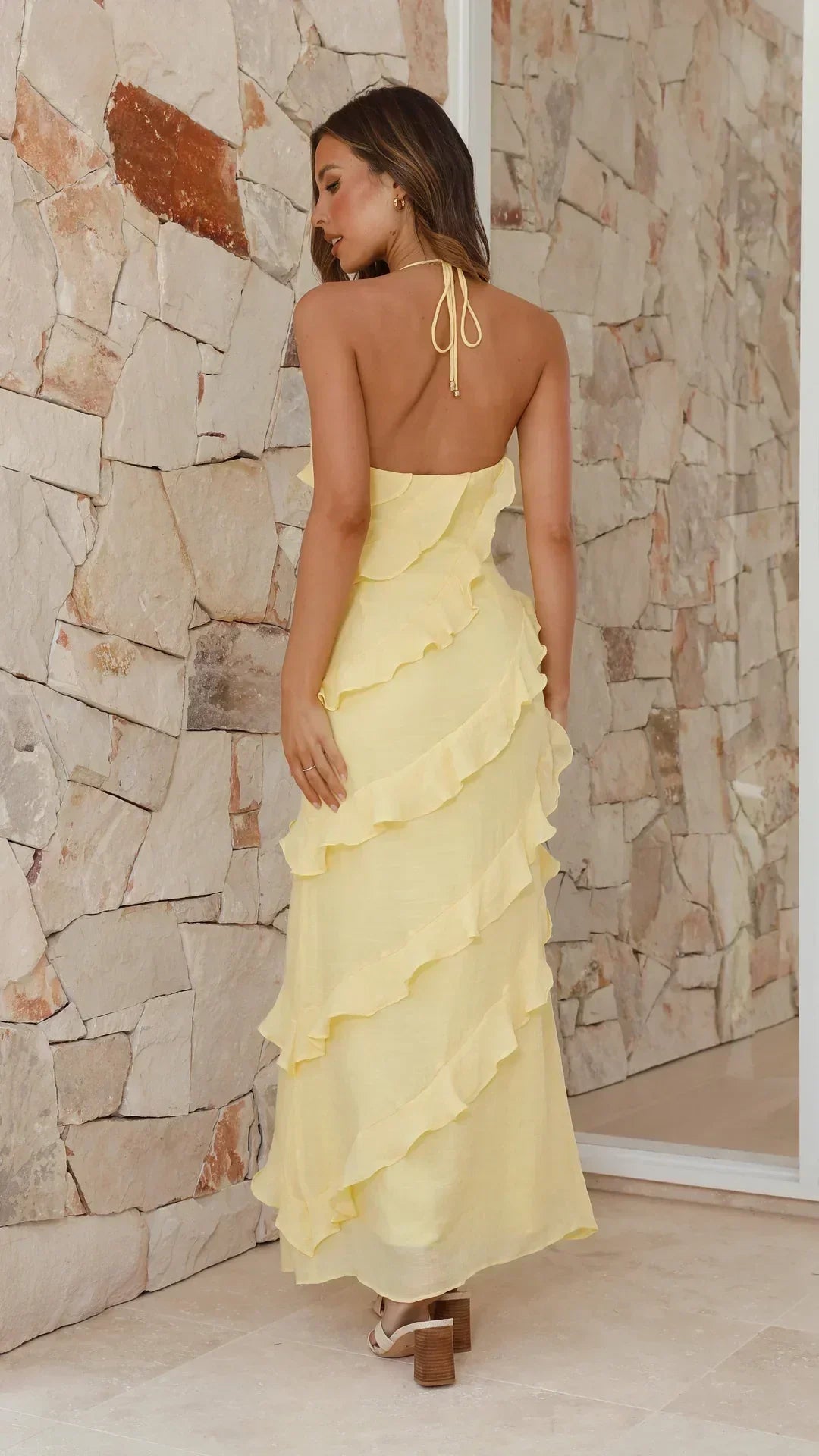 Vestido Largo Mujer de Gasa Volantes Cuello en V Cintura Alta