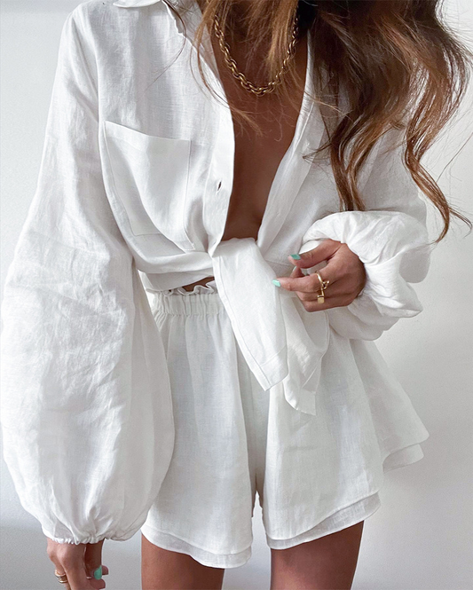 Conjunto Mujer de Lino Blusa y Pantalones Cortos - Mavetta