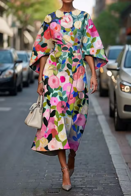 Vestido midi mujer de tela ligera mangas fluidas estilo artístico - Mavetta
