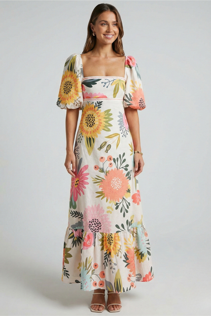 Vestido Largo Mujer Poliéster Estampado Manga Farol Escote Cuadrado