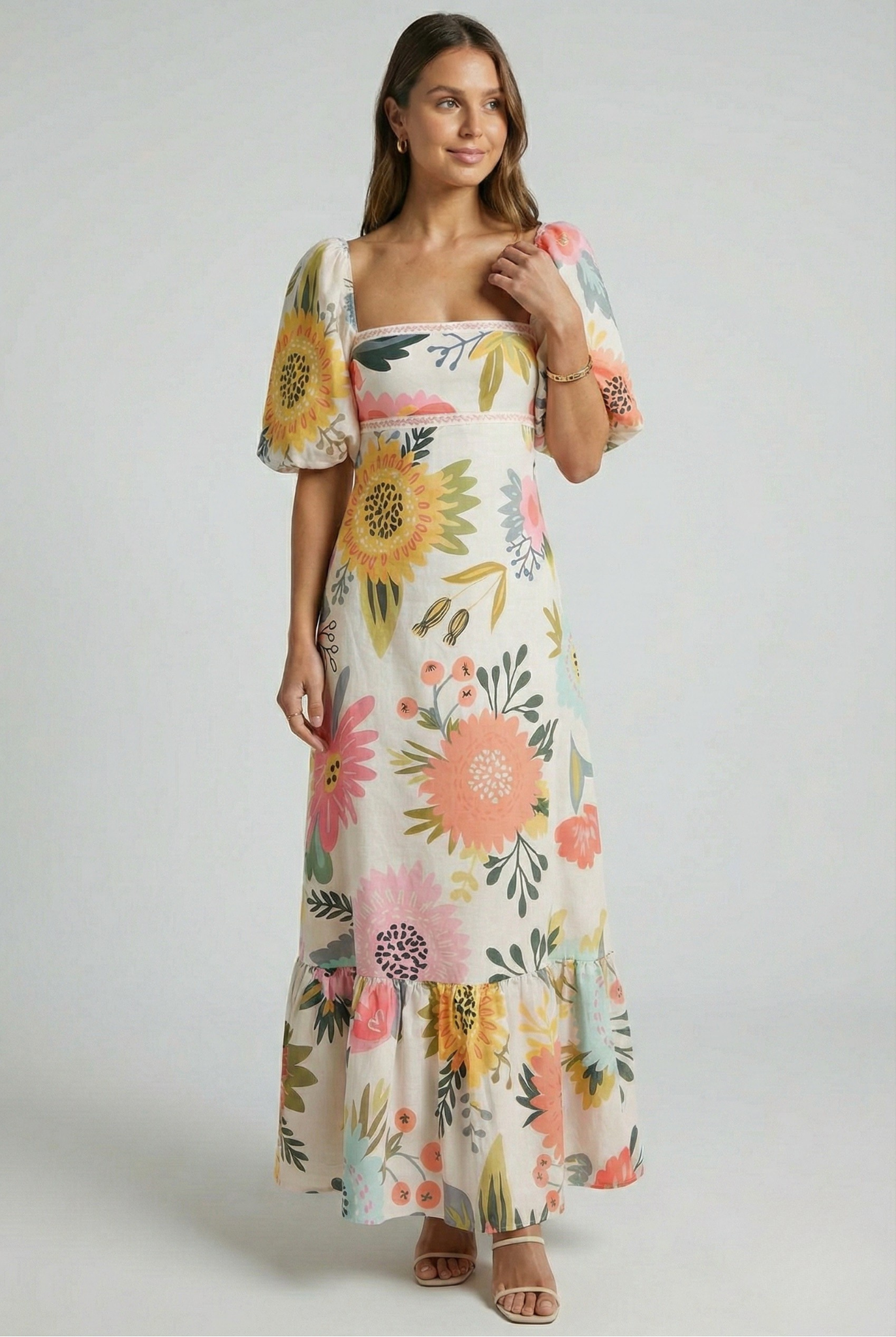Vestido Largo Mujer Poliéster Estampado Manga Farol Escote Cuadrado