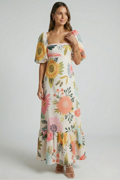 Vestido Largo Mujer Poliéster Estampado Manga Farol Escote Cuadrado