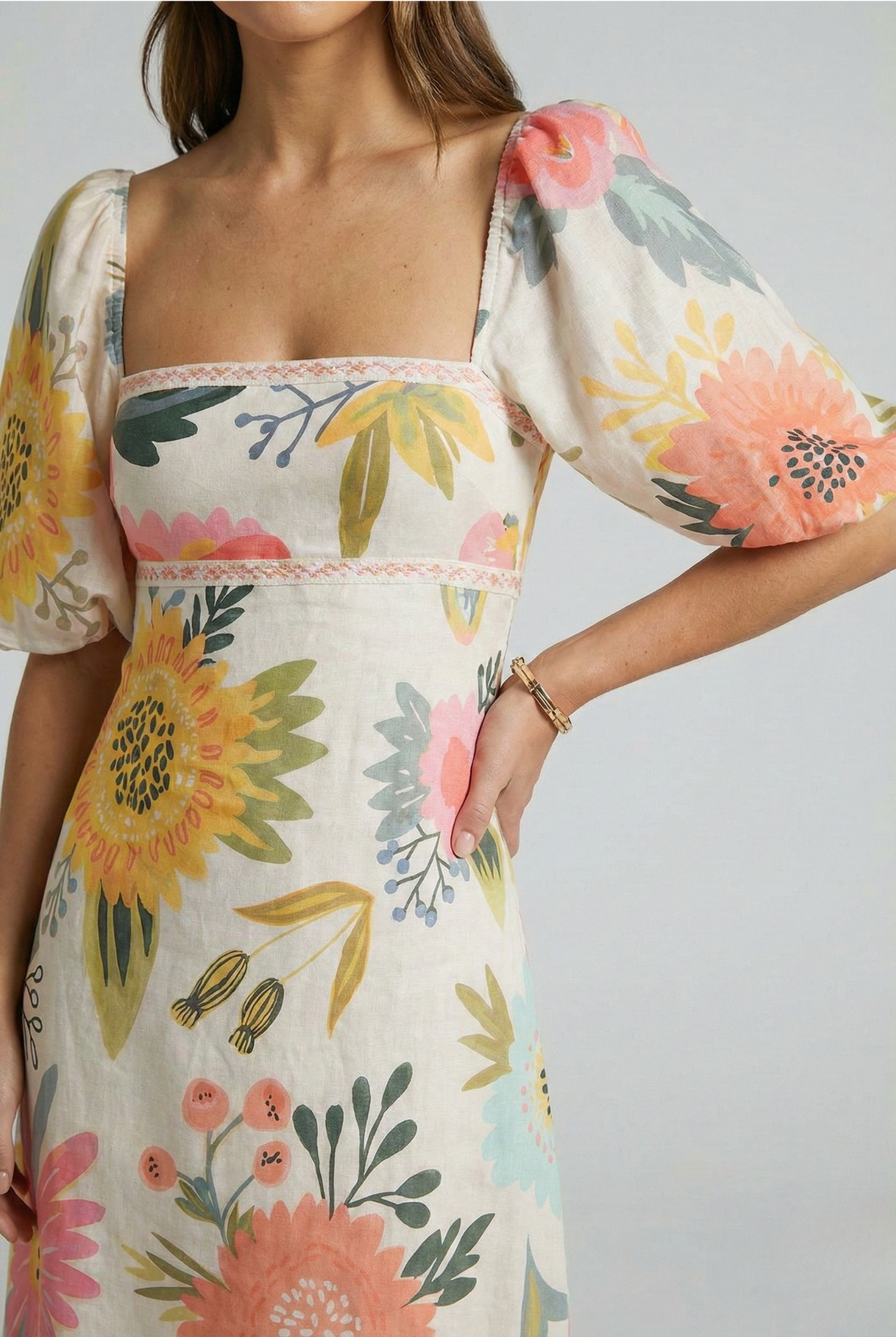 Vestido Largo Mujer Poliéster Estampado Manga Farol Escote Cuadrado