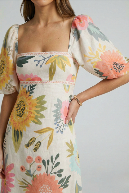 Vestido Largo Mujer Poliéster Estampado Manga Farol Escote Cuadrado