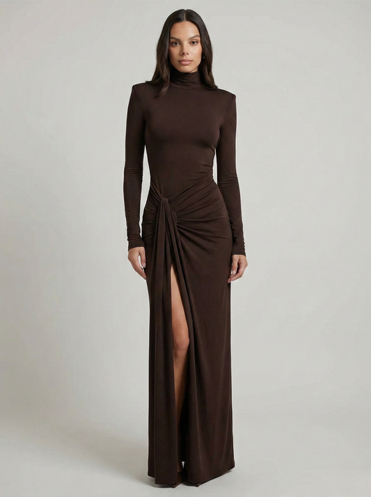 Vestido Largo Mujer Poliéster Spandex Cuello Alto Abertura Pierna - Mavetta