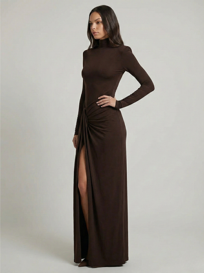 Vestido Largo Mujer Poliéster Spandex Cuello Alto Abertura Pierna