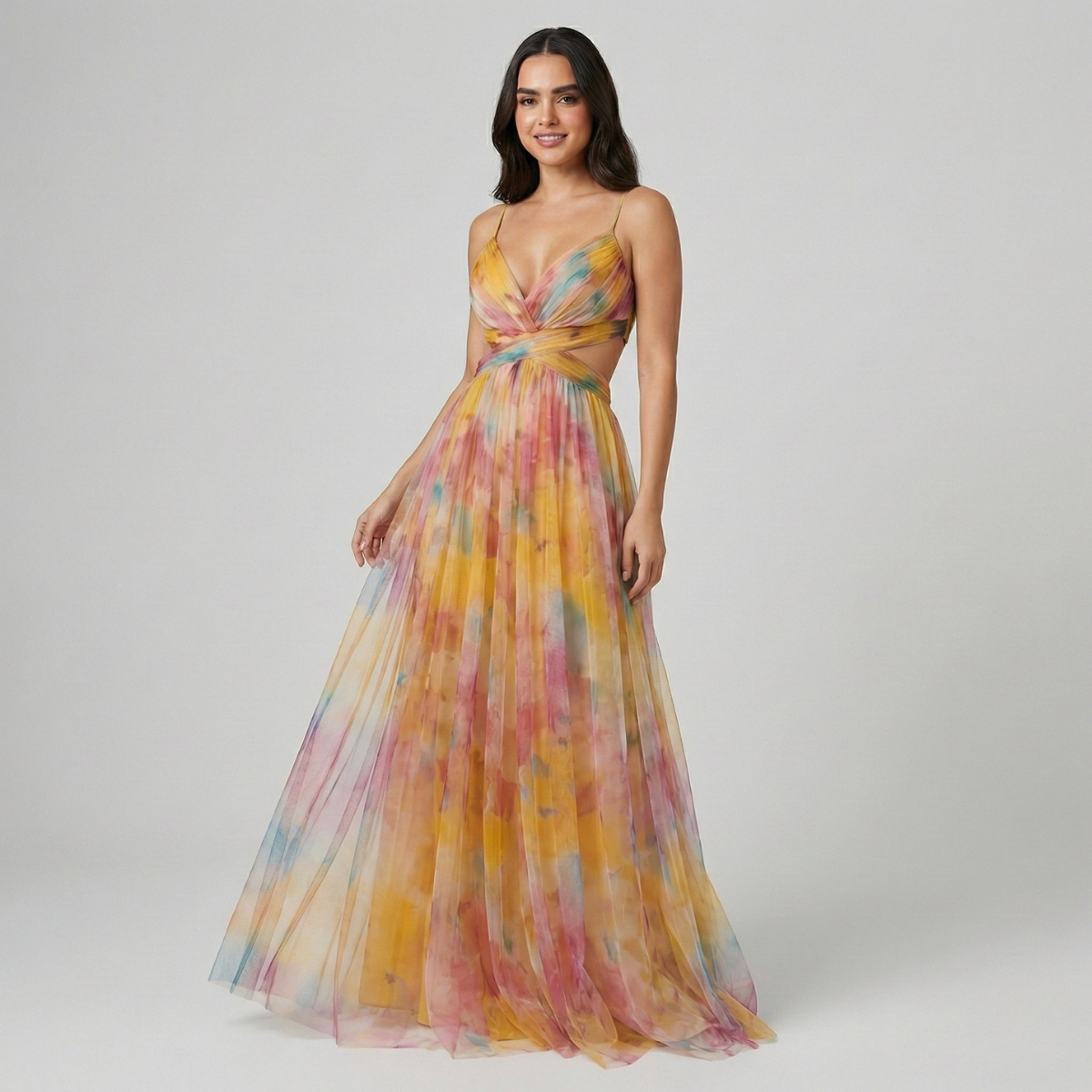 Vestido Largo Mujer Seda Sin Mangas Aberturas Cintura