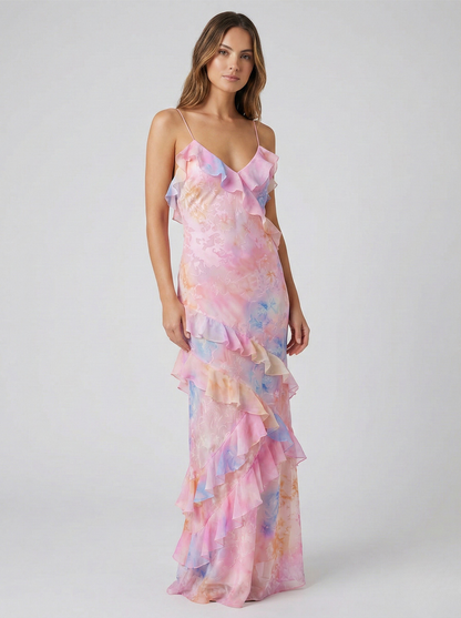 Vestido Largo Mujer Poliéster Volantes Cascada Ajuste Fluido - Mavetta