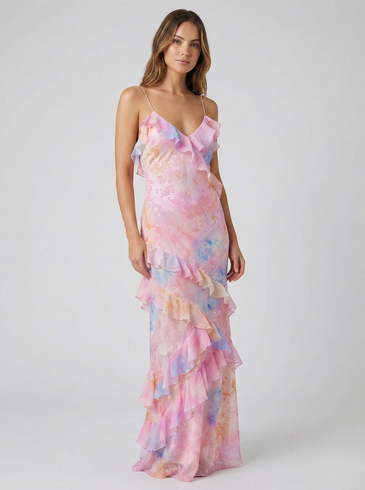 Vestido Largo Mujer Poliéster Volantes Cascada Ajuste Fluido - Mavetta