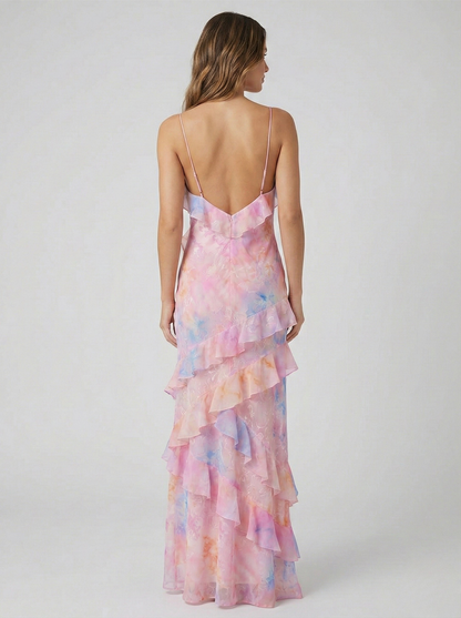 Vestido Largo Mujer Poliéster Volantes Cascada Ajuste Fluido