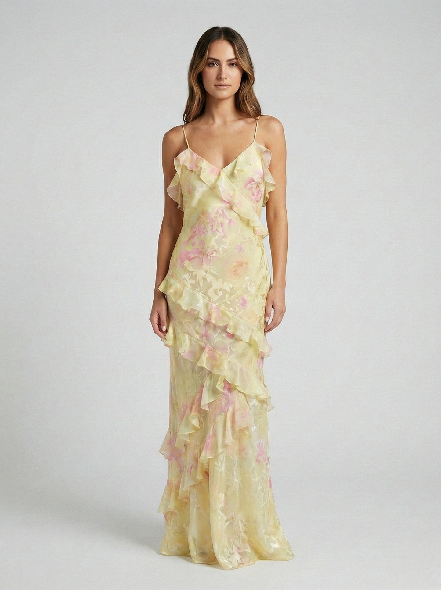 Vestido Largo Mujer Poliéster Volantes Cascada Ajuste Fluido