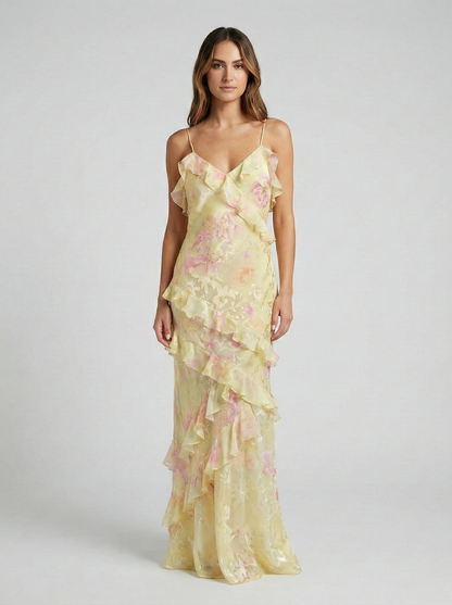 Vestido Largo Mujer Poliéster Volantes Cascada Ajuste Fluido