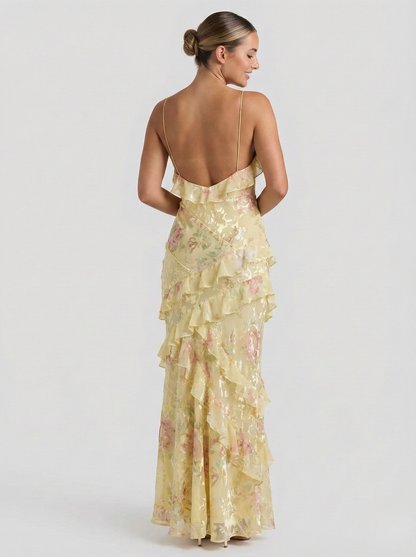Vestido Largo Mujer Poliéster Volantes Cascada Ajuste Fluido