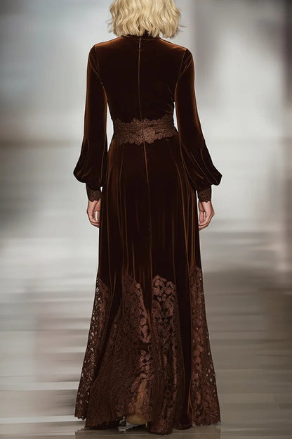 Vestido largo mujer de terciopelo con cuello alto encaje y mangas