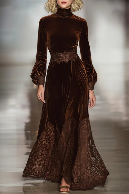 Vestido largo mujer de terciopelo con cuello alto encaje y mangas - Mavetta