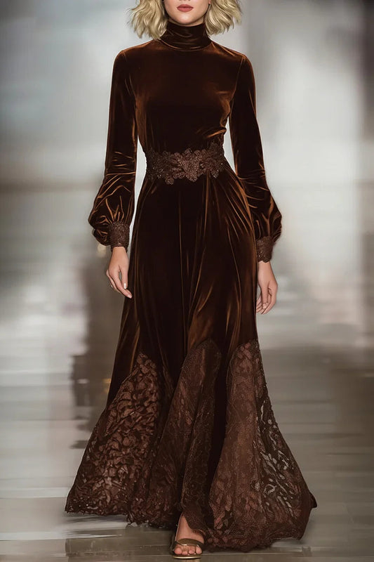 Vestido largo mujer de terciopelo con cuello alto encaje y mangas - Mavetta