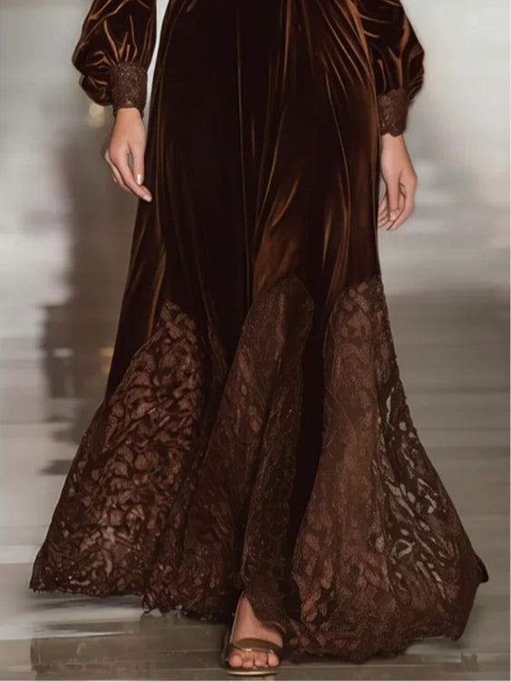 Vestido largo mujer de terciopelo con cuello alto encaje y mangas