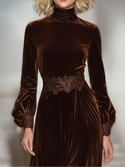 Vestido largo mujer de terciopelo con cuello alto encaje y mangas