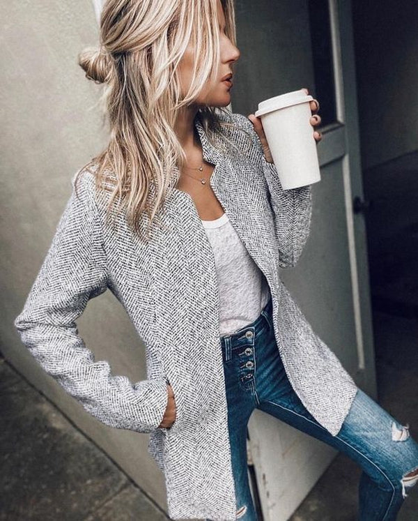 Blazer Mujer Largo Abierto con Bolsillos Funcionales