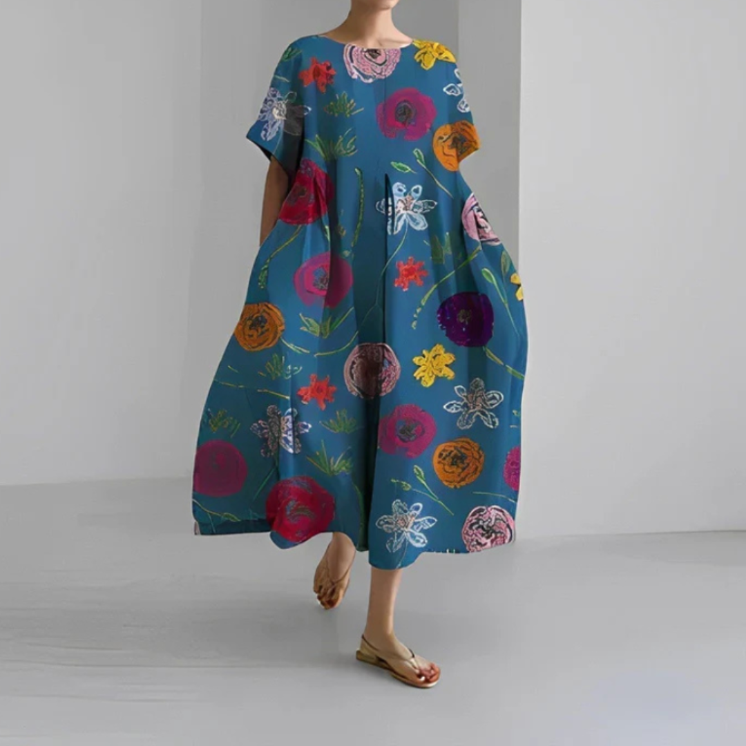 Vestido Midi Mujer Estampado Floral Manga Corta Corte Amplio