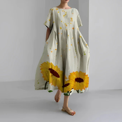 Vestido Midi Mujer Estampado Floral Manga Corta Corte Amplio