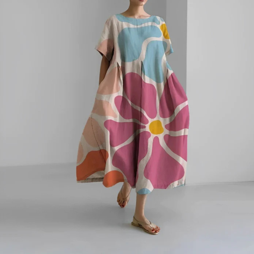 Vestido Midi Mujer Estampado Floral Manga Corta Corte Amplio