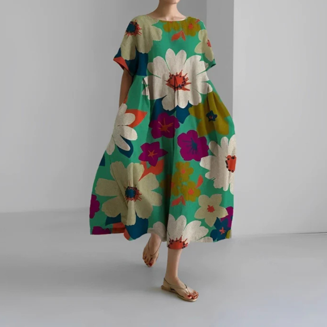 Vestido Midi Mujer Estampado Floral Manga Corta Corte Amplio