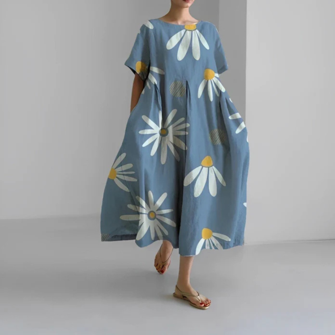 Vestido Midi Mujer Estampado Floral Manga Corta Corte Amplio