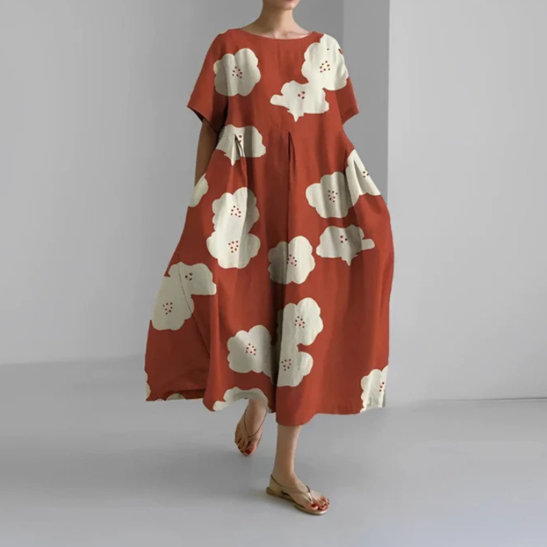 Vestido Midi Mujer Estampado Floral Manga Corta Corte Amplio