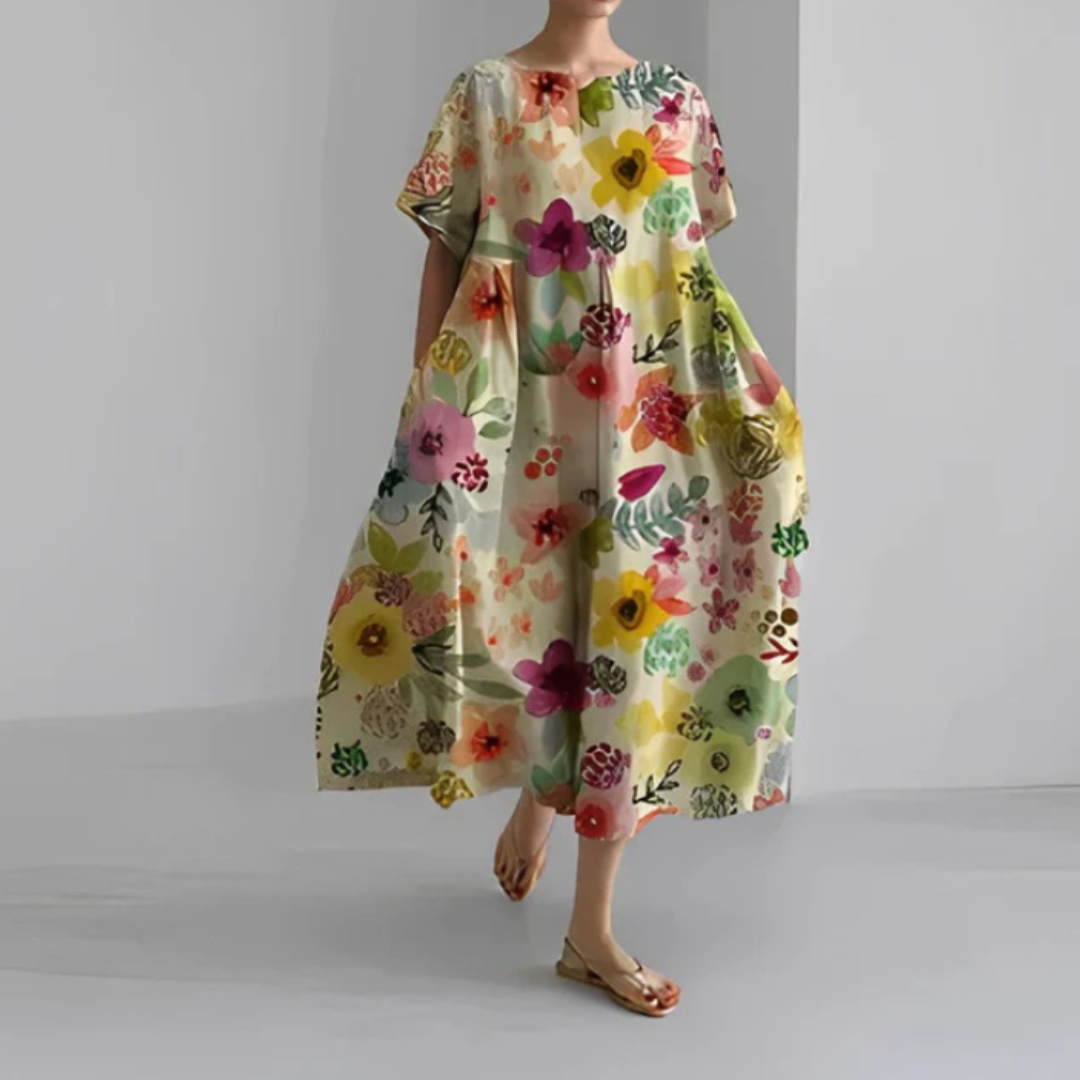 Vestido Midi Mujer Estampado Floral Manga Corta Corte Amplio