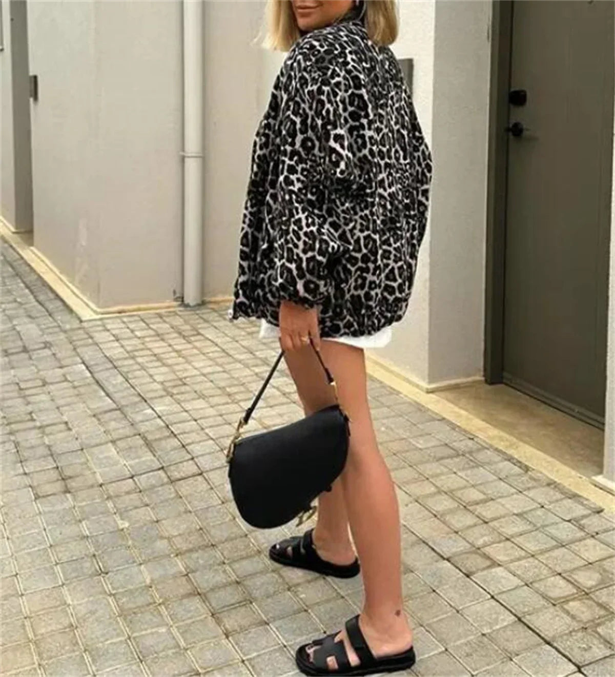 Chaqueta Bomber Mujer de Tela Estampada Cremallera Frontal