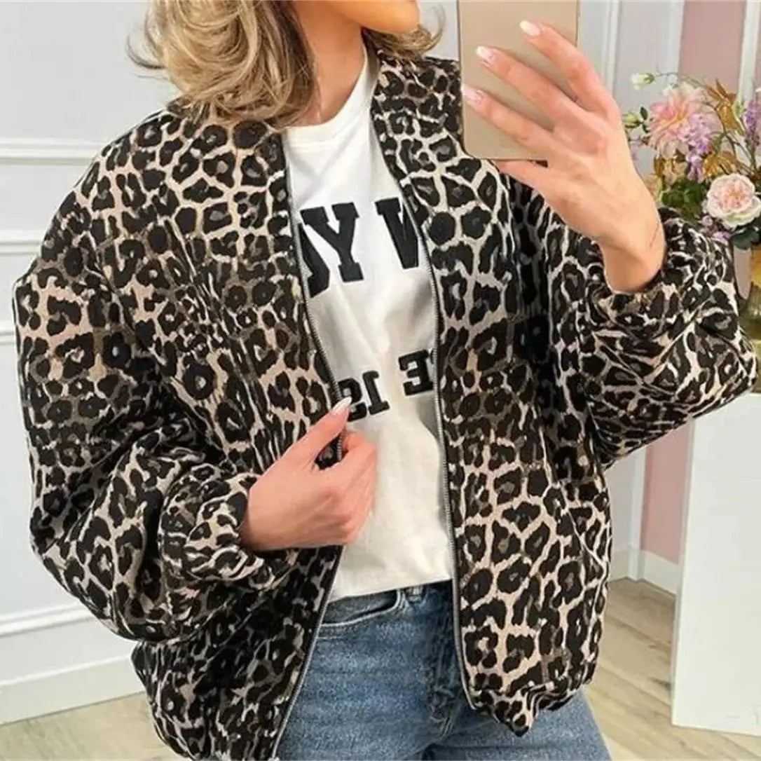 Chaqueta Bomber Mujer de Tela Estampada Cremallera Frontal