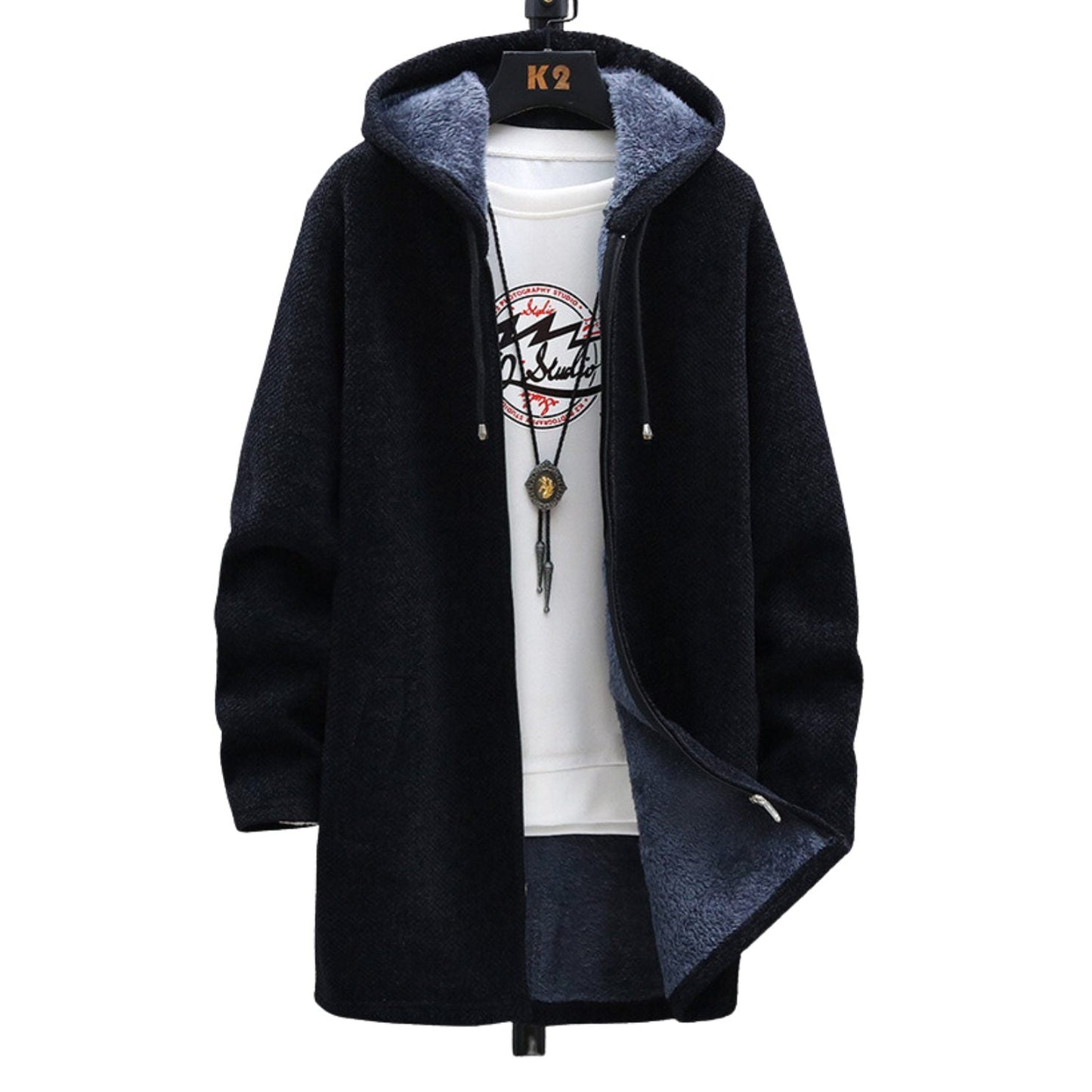 Abrigo largo mujer con capucha y cordón ajustable diseño abierto