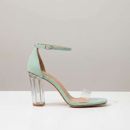 Sandalias Mujer con Tacón Transparente y Pulsera en Tobillo