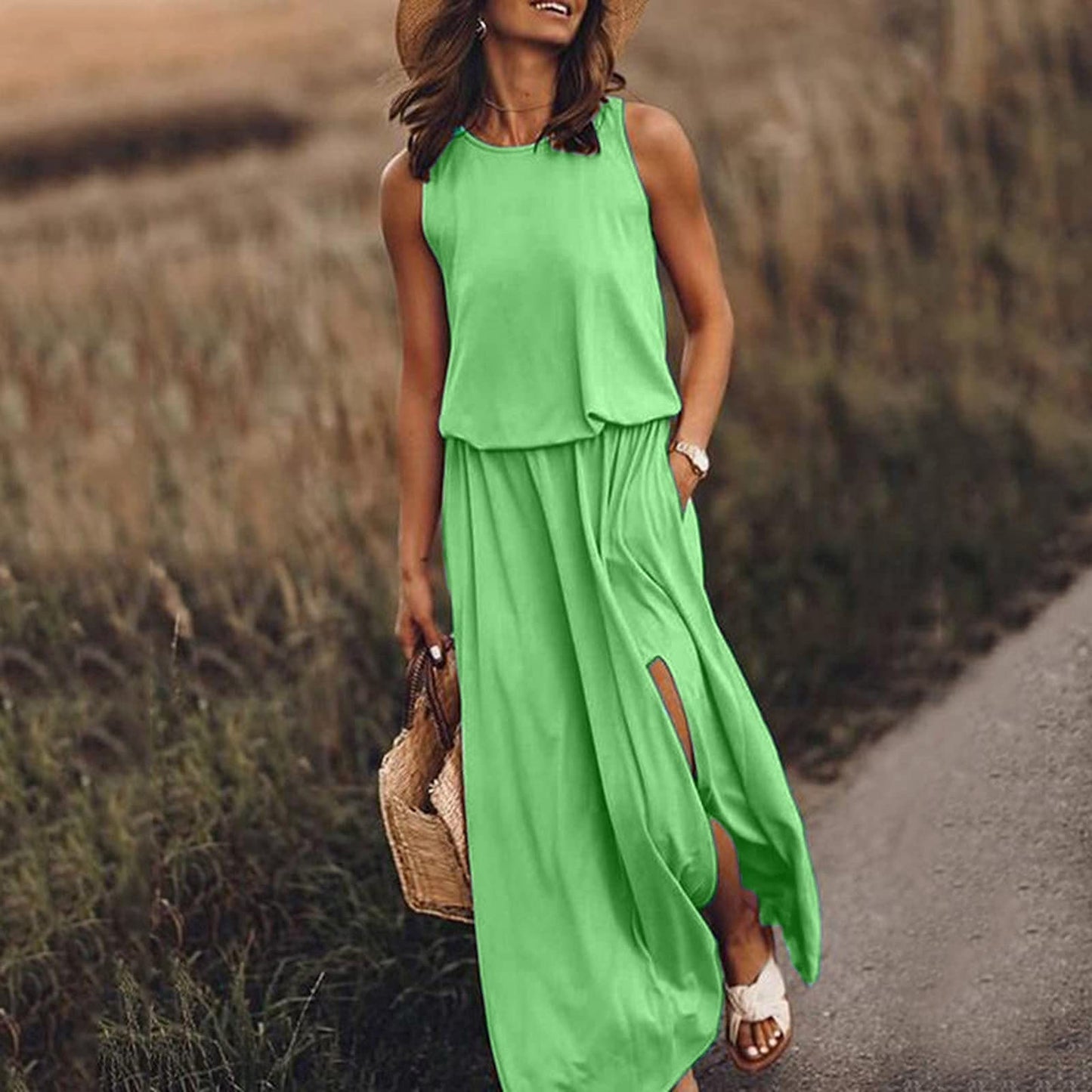 Vestido maxi mujer sin mangas abertura lateral elegante
