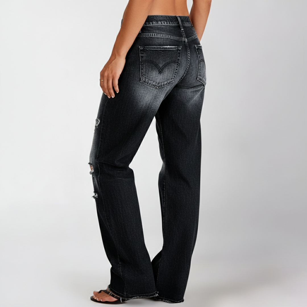 Pantalones Vaqueros Mujer Corte Recto Anchos Desgastados