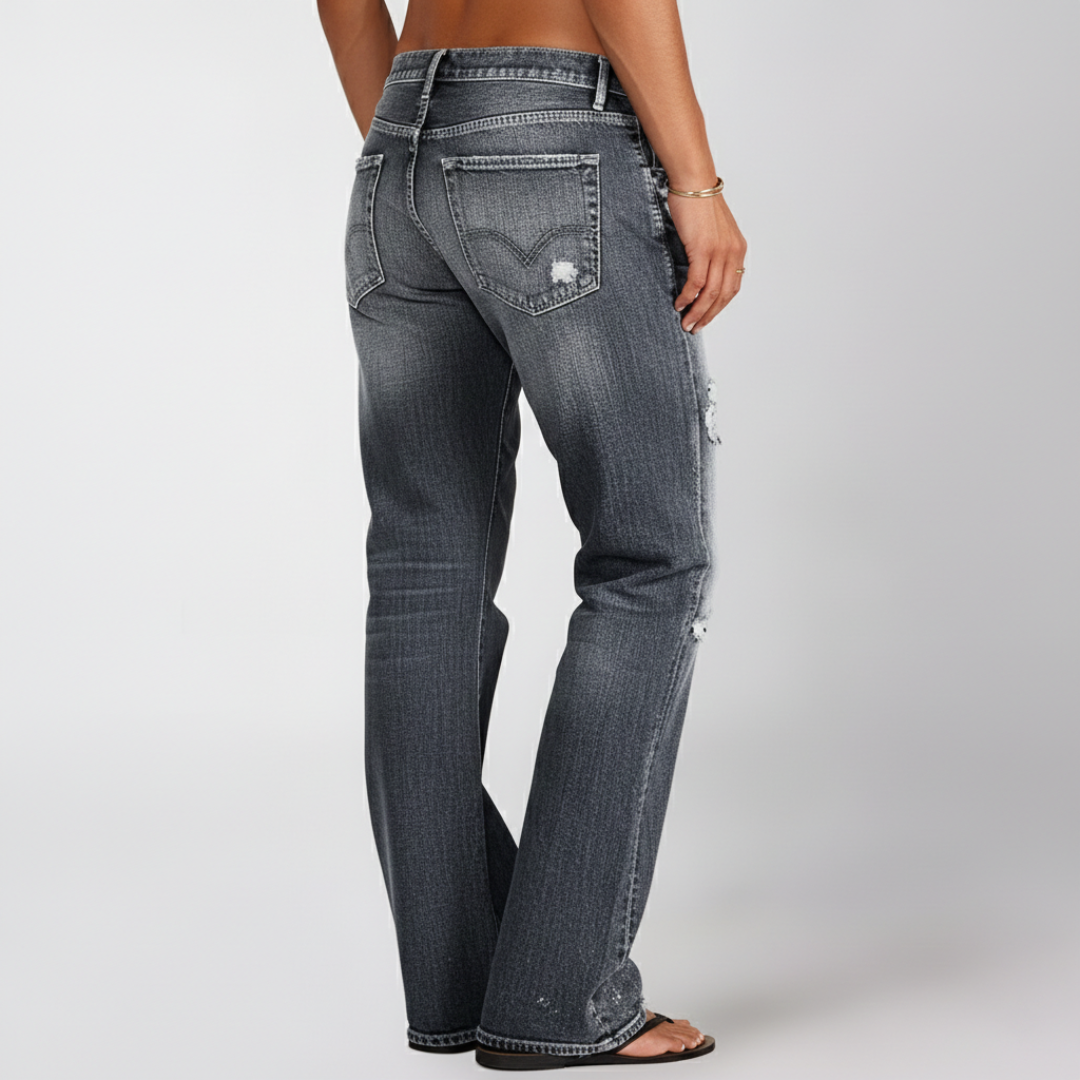 Pantalones Vaqueros Mujer Corte Recto Anchos Desgastados