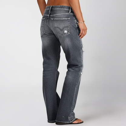 Pantalones Vaqueros Mujer Corte Recto Anchos Desgastados