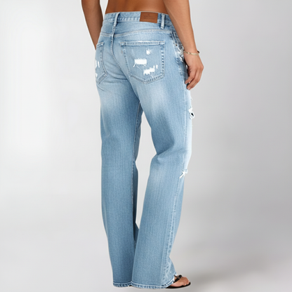 Pantalones Vaqueros Mujer Corte Recto Anchos Desgastados