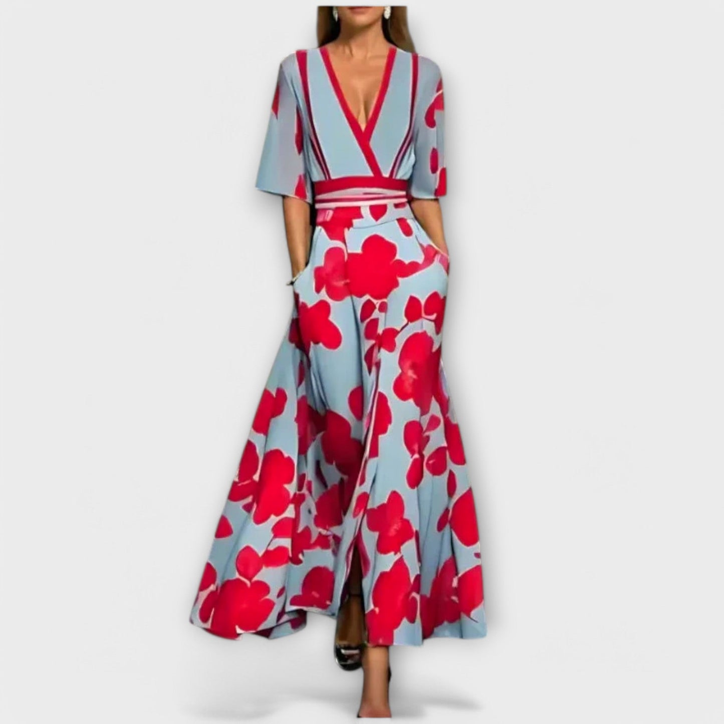 Vestido Largo Mujer Estampado Flores Escote en V