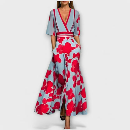 Vestido Largo Mujer Estampado Flores Escote en V