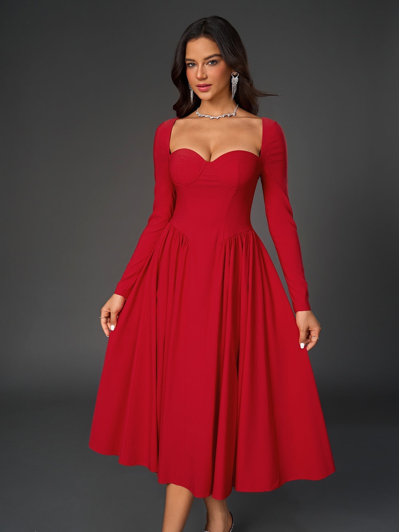 Vestido mujer línea A manga larga lazo espalda