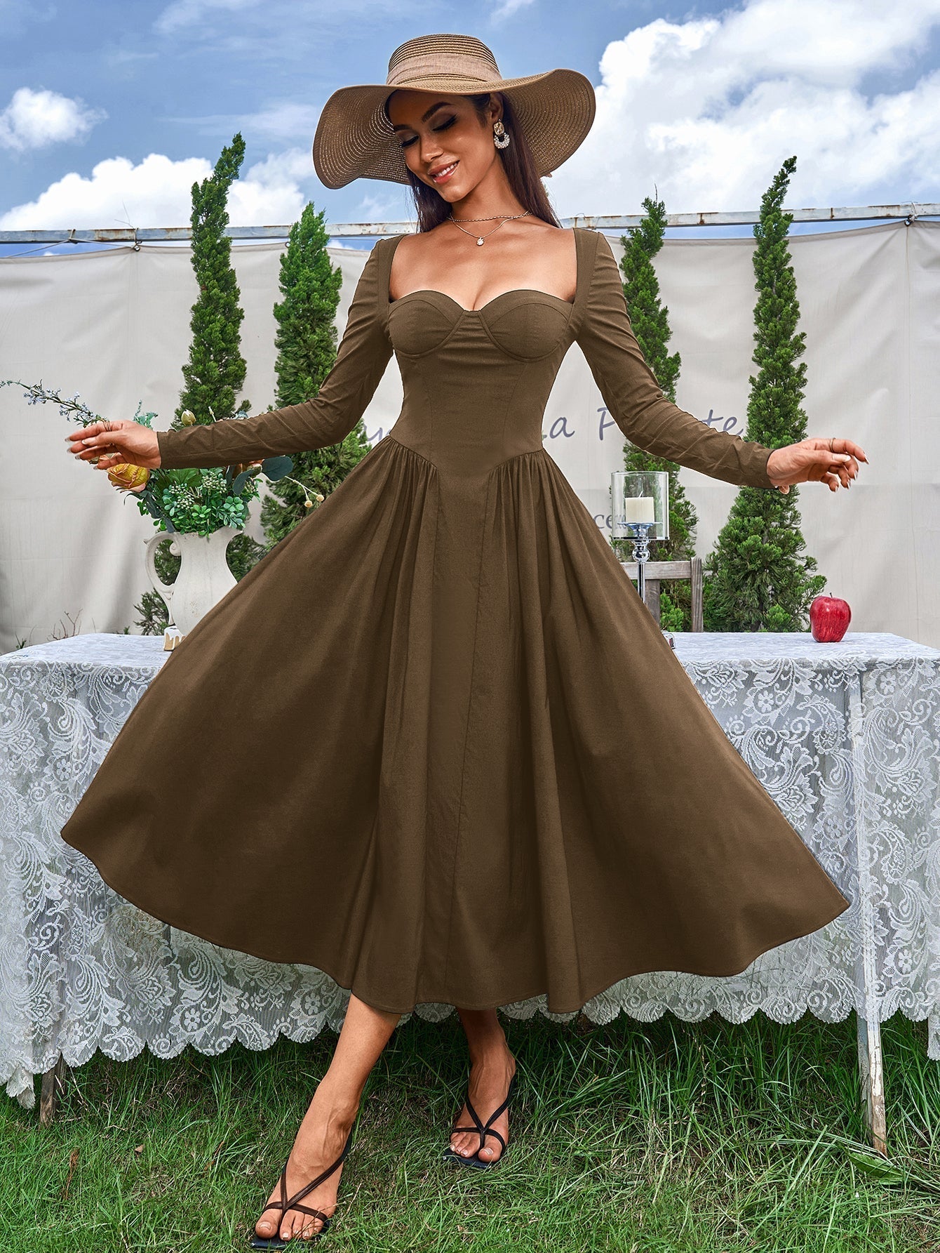 Vestido mujer línea A manga larga lazo espalda