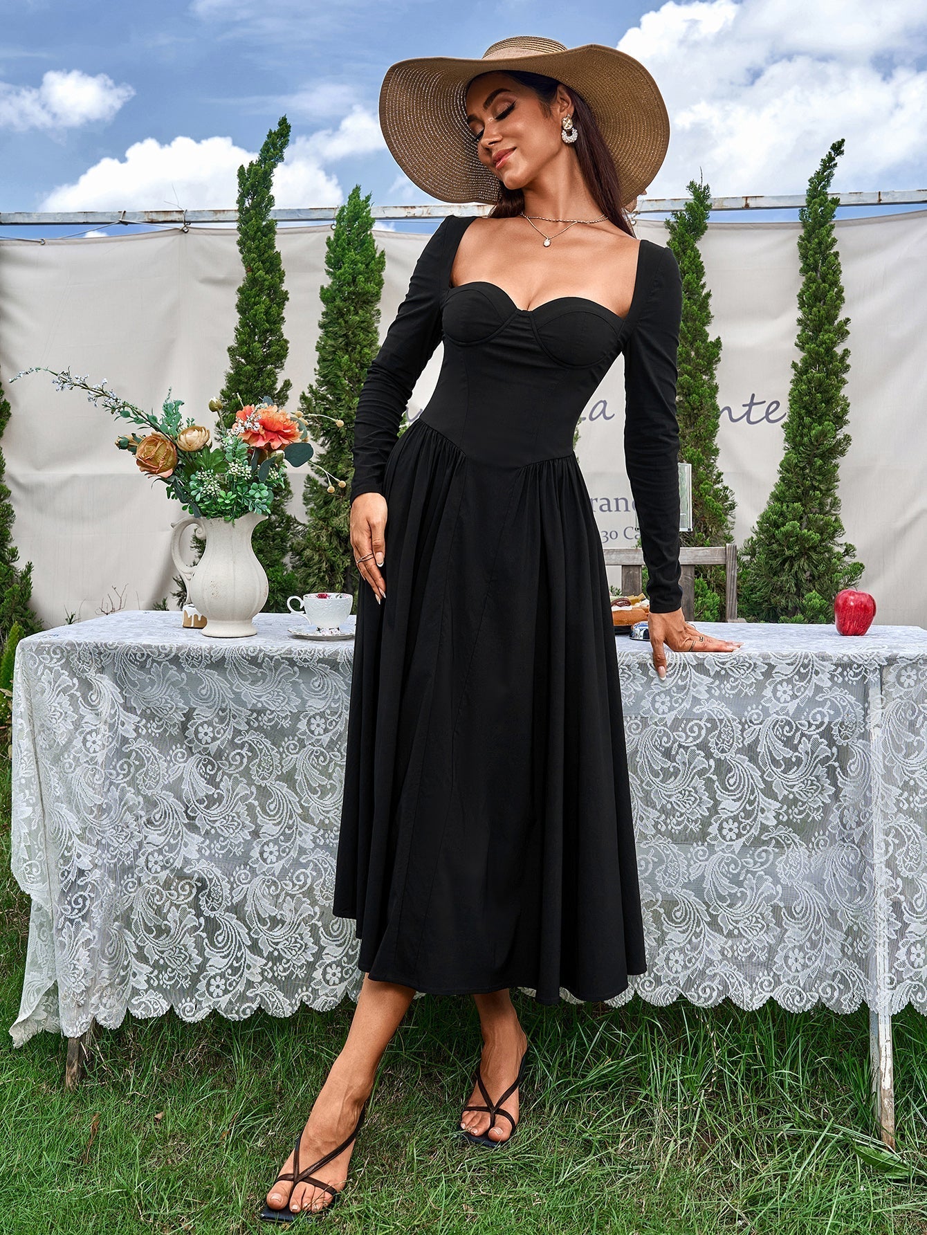 Vestido mujer línea A manga larga lazo espalda