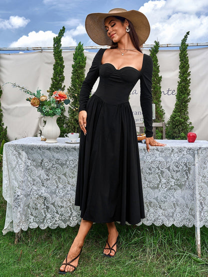 Vestido mujer línea A manga larga lazo espalda