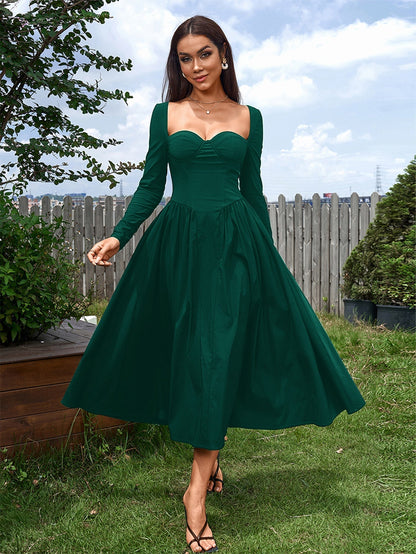 Vestido mujer línea A manga larga lazo espalda