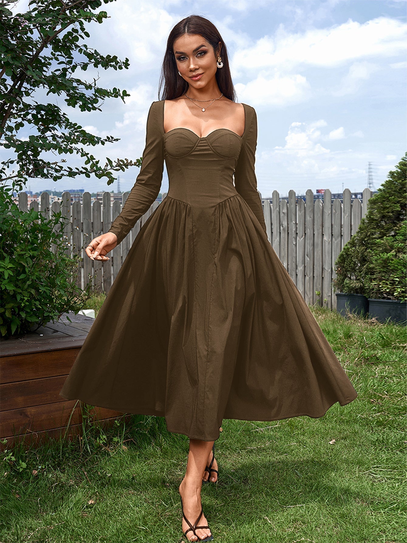 Vestido mujer línea A manga larga lazo espalda